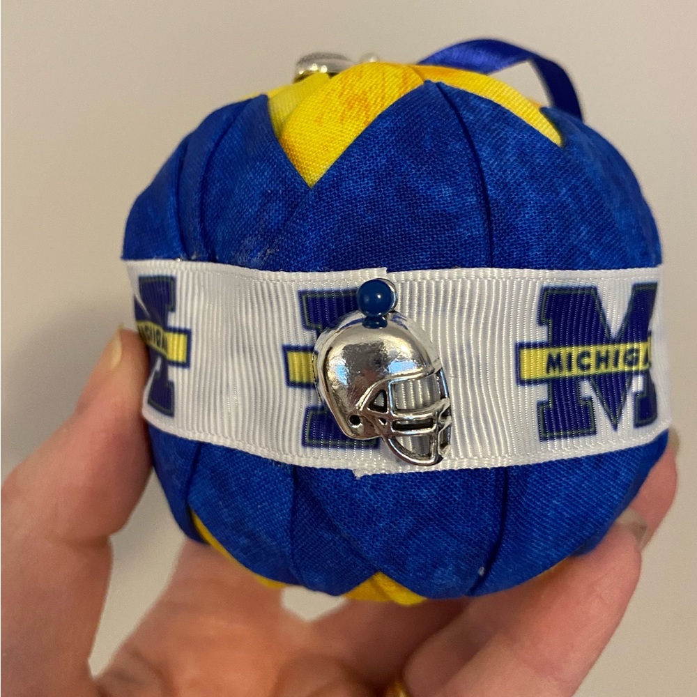 University of Michigan handmade quilted ornament by me, blue yellow white charms